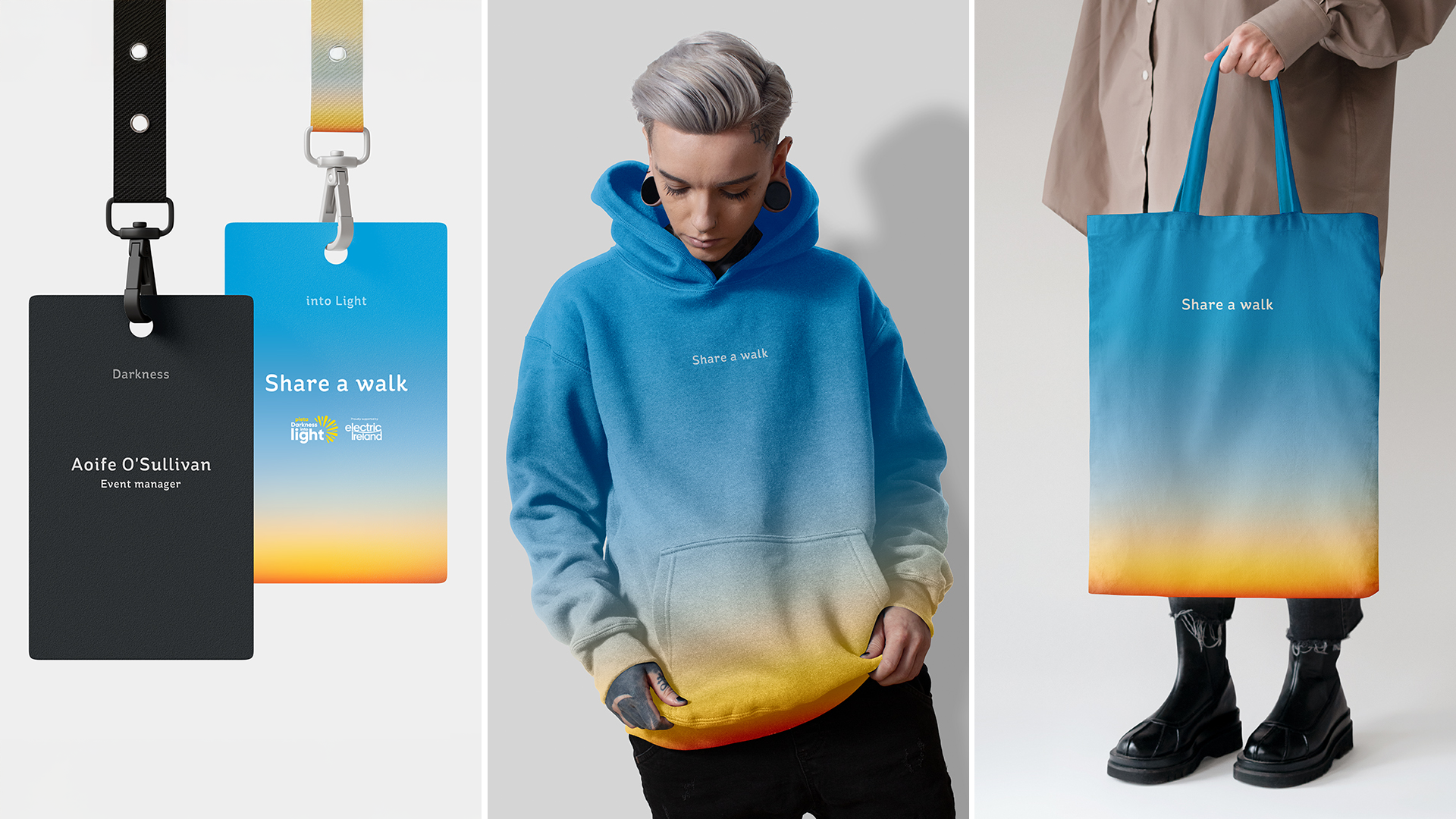 Darkness Into Light branding shown on a key fob, hoodie and tote bag